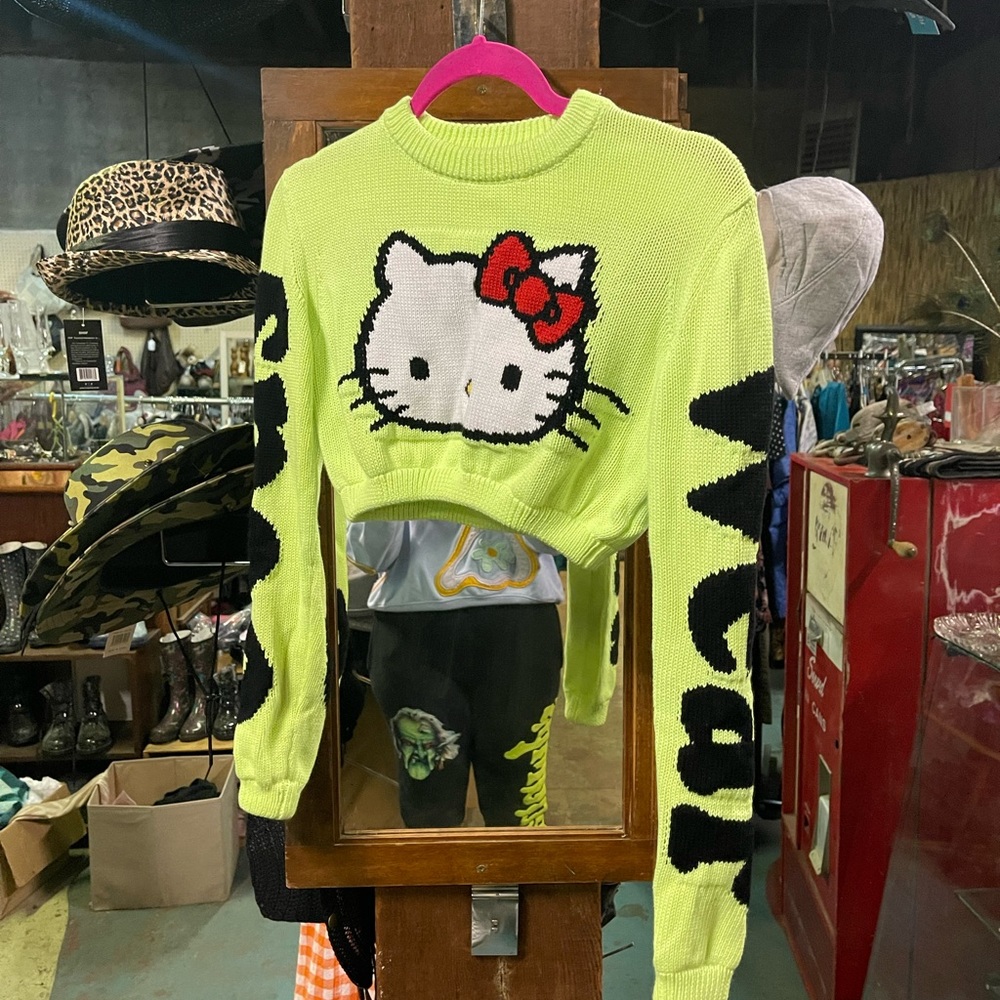 Neon yellow GCDS x Hello Kitty cropped sweater. Size Small